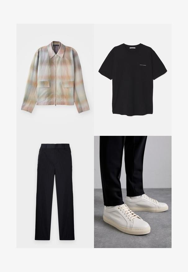Zip-front jacket with a structured collar, featuring a pastel gradient pattern, two front pockets, and a smooth, slightly textured fabric.; Black cotton T-shirt with a crew neck, short sleeves, and a white logo print on the left chest. Simple, solid color design.; Black trousers featuring a lightweight, textured fabric, straight-leg design, elastic waistband, and side zip pockets.; Light beige leather sneakers with flat laces, a textured surface, and a contrasting cream-colored rubber sole, paired with black tapered pants.
