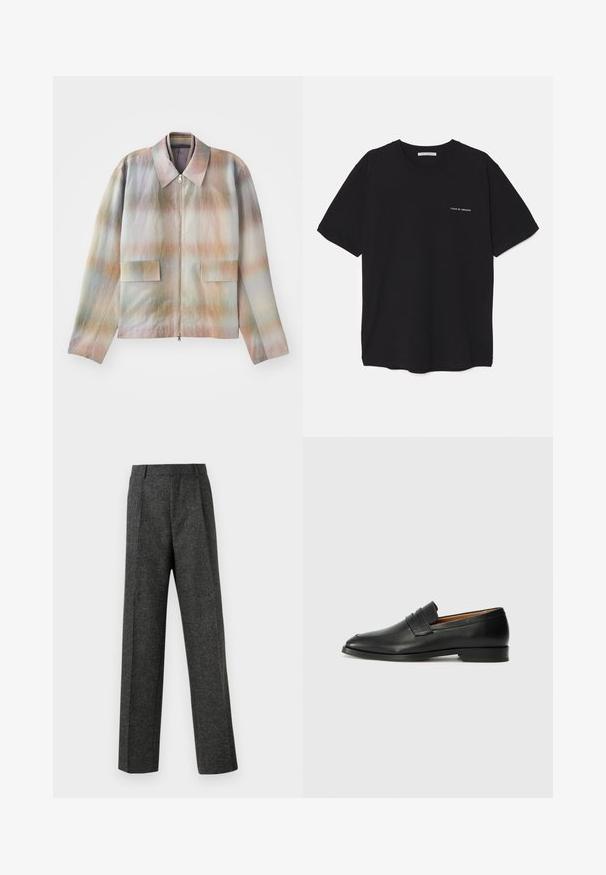 Jaka ar rāvējslēdzēju priekšā un strukturētu apkakli, ar pasteļu gradienta rakstu, divām priekšējām kabatām un gludu, nedaudz teksturētu audumu.; Melnas kokvilnas T-krekls ar apaļu kaklu, īsām piedurknēm un baltu logotipa uzdruku kreisajā krūtī. Vienkāršs, vienkrāsains dizains.; Pelēki piegriezti bikses, izgatavotas no tekstūras auduma, ar diviem priekšējiem krokām un taisnu kāju dizainu. Nav redzamu kabatu vai rotājumu.; Melnas ādas loafers ar noapaļotu purngala formu, smalku izšuvumu un zemu papēdi, piedāvājot gludu tekstūru un minimālistisku dizainu.