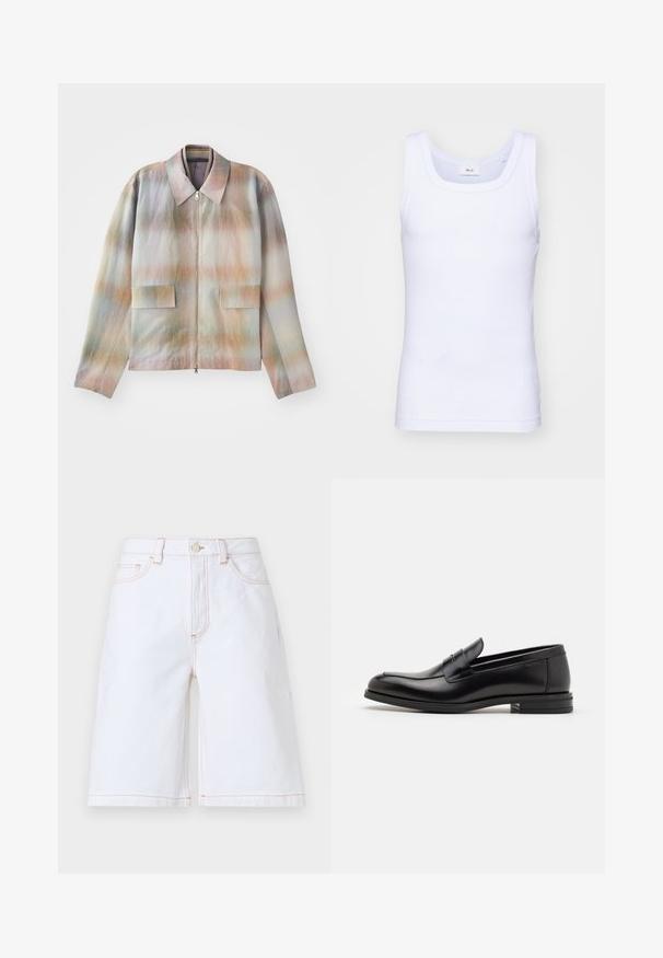 Giacca con zip frontale e colletto strutturato, caratterizzata da un motivo a gradiente pastello, due tasche posteriori e un tessuto morbido e leggermente strutturato.; Canottiera bianca in cotone senza maniche con scollatura rotonda, caratterizzata da una texture liscia e una vestibilità aderente, progettata per l'abbigliamento casual.; Bermuda in denim bianco con taglio dritto, cinque tasche e cuciture in contrasto color beige. Include una chiusura con bottone frontale e zip.; Mocassini neri in pelle con una texture liscia, punta arrotondata e una striscia decorativa sulla tomaia. Tacco basso impilato, design minimalista.
