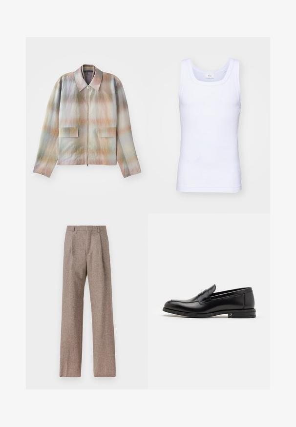 Zipperi etuosa takki, jossa on rakenteellinen kaulus, pastelliset väriharjanteet, kaksi etutaskua ja sileä, hieman karhea kangas.; Valkoinen puuvillainen hihaton toppi, jossa on pyöreä pääntie. Topissa on sileä pinta ja se on muotoiltu istuvaksi, suunniteltu rentoon käyttöön.; Ruskejat, korkeavyötäröiset housut, jotka on valmistettu teksturoidusta kankaasta. Ominaisuuksina ovat leveät lahkeet ja kaksi etupuolelle ommeltua laskosta rakenteen tukemiseksi. Siisti viimeistely ilman näkyvää metalliosaa.; Mustat nahkakengät, joissa on sileä pinta, pyöreä kärki ja koristeellinen nauha jalkapöydän yli. Matala pinoitu koroke, minimalistinen muotoilu.