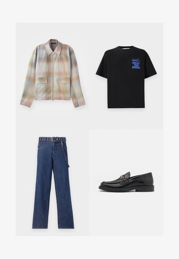 Chaqueta con cremallera frontal y cuello estructurado, con un patrón de degradado en tonos pastel, dos bolsillos frontales y una tela suave con una ligera textura.; Camiseta de algodón negra de manga corta, con el texto azul "PROTEGE TU ENERGÍA" y un diseño gráfico en la parte superior izquierda.; Jeans de mezclilla azul oscuro con un diseño de pierna recta, que presentan un cinturón estampado con ojales de metal y un lazo para el cinturón a juego.; Mocasines de cuero negro con punta redondeada, que cuentan con un detalle de herrajes dorados y costuras, situados sobre una suela de goma texturizada y baja.