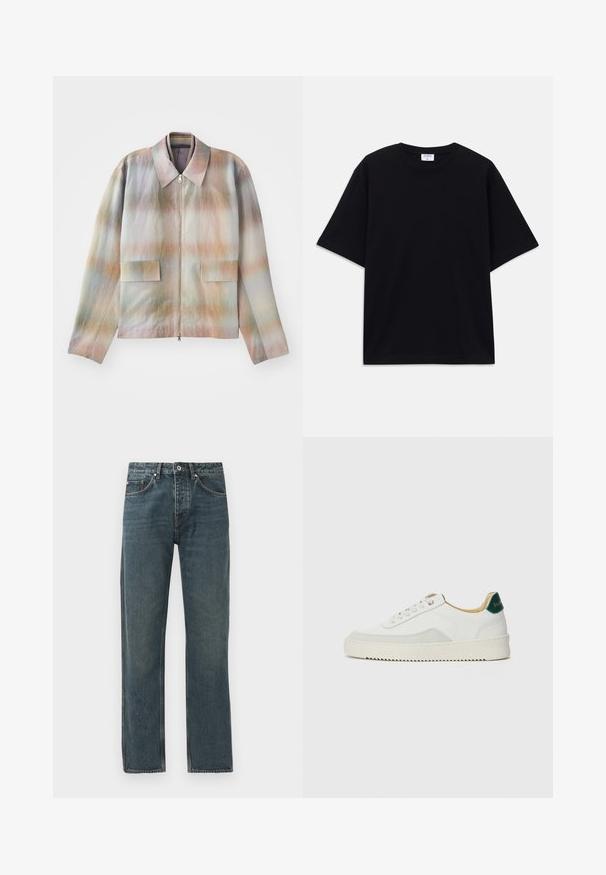 Jacketas su užtrauktuku priekyje ir struktūrizuota apykakle, turintis pastelinių gradientų raštą, dvi priekinės kišenės ir sklandų, šiek tiek tekstūruotą audinį.; Juodas trumpas rankovėmis per didelis marškinėliai su apvaliu iškirpimu ir matoma Filippa K prekės ženklo etiketė vidinėje apykaklės pusėje.; Tamsiai mėlyni džinsai su tiesiomis kojomis, turintys penkis kišenes, mygtuko uždarymą ir kontrastingus siuvimo akcentus.; Baltos sportbačiai su zomšos akcentais, apvaliu nosiu, plokščiais raišteliais ir kreminės spalvos guminiu padu. Ant kulno yra žalia ženklinimo detalė.