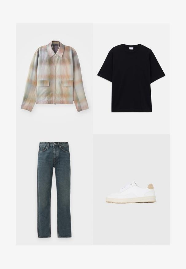 Jacka med dragkedja framtill och en strukturerad krage, med ett mönster i pastellgradient, två framfickor och ett slätt, något texturerat tyg.; Svart kortärmad oversized T-shirt med rund halsringning och synlig Filippa K-märkesetikett inuti kragen.; Mörkblå denimjeans med rak bendesign, som har fem fickor, knappstängning och kontrasterande sömnadsdetaljer.; Vita låga sneakers med en texturerad läderöverdel, krämfärgad räfflad sula och en beige häldetalj. Har vita snören och logotypdetalj på hälen.