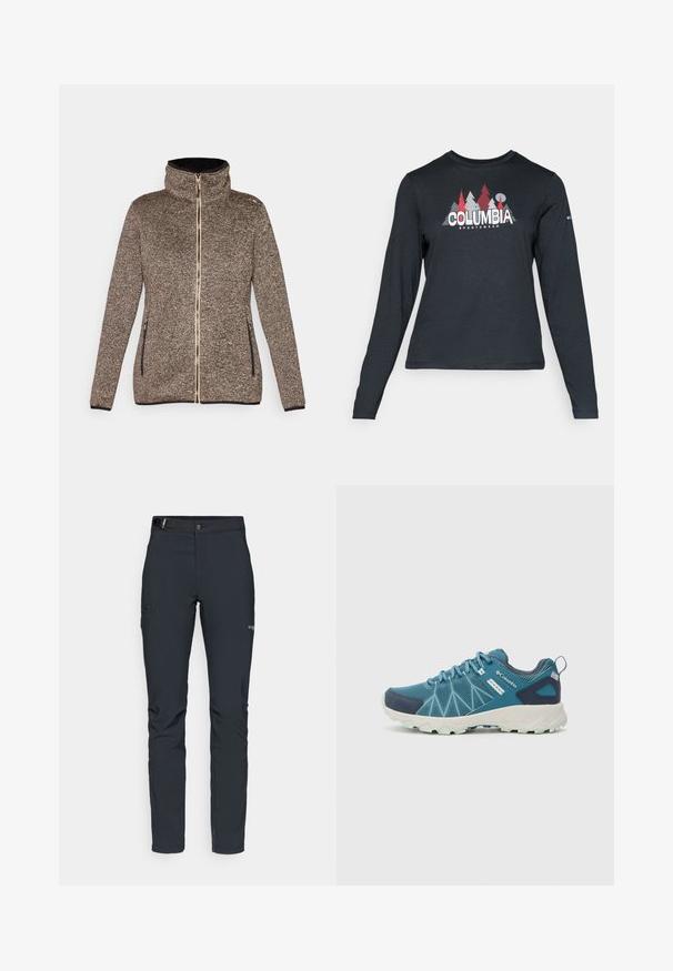 Strikket jakke med glidelås i brune og svarte nyanser, med høy krage, to sidelommer og et teksturert stoff med et subtilt mønster.; Langermet mørkegrå skjorte med grafikk av røde trær og fjell; "COLUMBIA" logo i fet hvit tekst. Mykt stoff, standard rund hals.; Herre utendørsbukser, mørkegrå, laget av fleksibelt materiale, med belte, glidelåslommer og forsterkede sømmer.; Columbia PEAKFREAK™ II OUTDRY™ - Fjellsko - blue heron/skylight