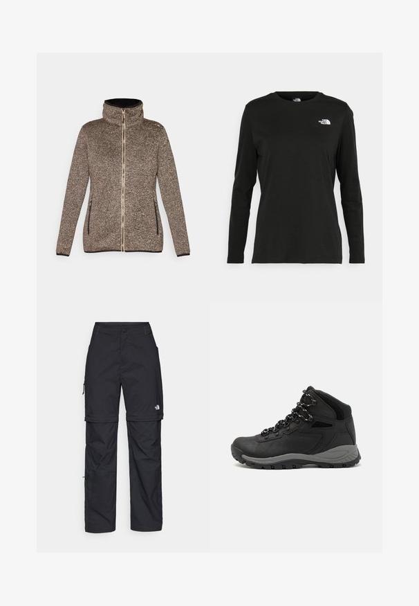 Austėja megzta antblauzdinė striukė rudos ir juodos spalvų tonais, su aukštu apykakliu, dviem šoniniais kišenėmis ir tekstūruotu audiniu su subtiliu raštu.; Juodas ilgomis rankovėmis medvilninis marškinėliai su apvali apykakle. Savybė - mažas baltas logotipas kairėje krūtinės pusėje. Paprastas dizainas ir pritaikymas.; Juodos nailoninės krovinių kelnės su reguliuojamais rankovėmis, daugybe kišenių ir logo ant dešinės kojos. Lygi, lengva tekstūra.; Juodas žygio botas su vidutinio aukščio dizainu, pasižymintis tekstūruota viršutine dalimi, pilkų akcentų ir patvaria guma padanga su sukibimo gumbais.