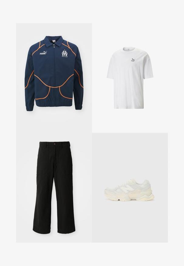 Jūros kariuomenės švarkas su oranžinėmis siūlėmis ir akcentais, turintis aukštą apykaklę, užtrauktuką ir logotipus ant krūtinės. Lygus paviršius.; Balta medvilnės marškinėliai trumpomis rankovėmis ir apvalia iškirpte. Kairėje krūtinės pusėje yra mažas juodas Puma logotipas. Lygus paviršius, laisvas kirpimas.; Juodos plačios kelnės, pagamintos iš minkštos medžiagos, su priekinėmis kišenėmis ir mygtuku juosmens srityje. Minimalistinis dizainas be matomų raštų.; Lengvas sportinis batelis su tinklinio ir zomšinės viršutine dalimi švelniu kremo atspalviu, turi masyvų pado dizainą ir trimatį akcentą.