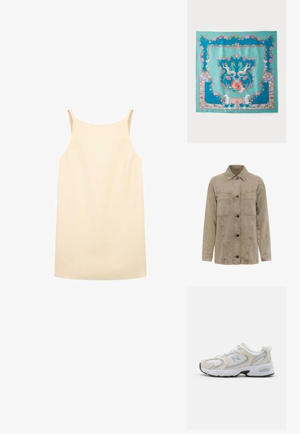 Lys brun denimjakke med krave, to brystlommer og knappelukning foran med mørke knapper. Inkluderer synlige syninger.; Beige ærmeløs kjole med afslappet pasform, fremstillet af glat stof, med tynde skulderstropper og en lige kant.; Sportssko med en lys grå mesh-overdel og ruskindsdetaljer, hvide snørebånd og en sort gummisål. Bemærkelsesværdig ABZORB dæmpning.; Turkis silkeslørfe med intrikate marin-tema designs, herunder havfruer, muslinger og koraller, indrammet med en dekorativ kant.; Vævet stråtaske med en bred, afsmalnet form, der har to sorte læderhåndtag. Naturlig beige farve med en tekstureret overflade.