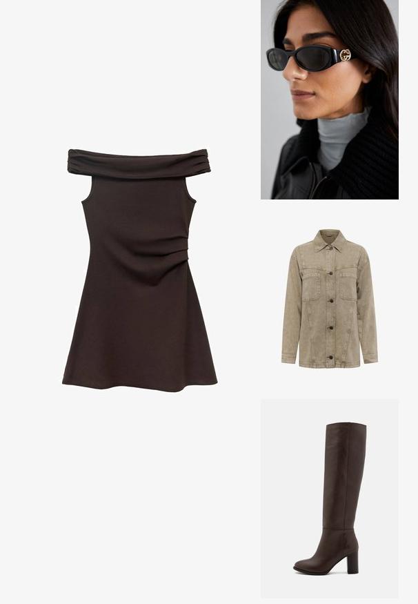 Helle braune Denimjacke mit Kragen, zwei Brusttaschen und einer Knopfleiste mit dunklen Knöpfen. Enthält sichtbare Nähte.; Braunfarbiges, schulterfreies Kleid mit taillierter Corsage, aus weichem Stoff und gerafften Details an der Taille, das sich zu einem Rock im Skater-Stil ausweitet.; Braune Lederstiefel bis zum Knie mit Blockabsatz, glatter Textur, runder Spitze und minimalen Nahtdetails.; Schwarze Sonnenbrille mit einem schlanken rechteckigen Rahmen und einem goldenen Logo-Akzent an der Seite. Dunkle Gläser und glänzende Oberfläche sind auffällig.