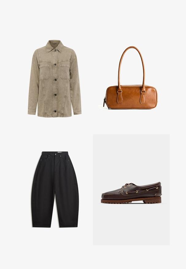 Lys brun denimjakke med krave, to brystlommer og knappelukning foran med mørke knapper. Inkluderer synlige syninger.; Olivenfarvet strikket sweater med rund hals, lange ærmer og ribbet kant. Har et cropped design med en blød, struktureret overflade.; Sorte vidde bukser lavet af bomuld, med høj talje, fem lommer og metalknaplukning. Glat tekstur uden synlige mønstre.; Brune læder bådsko med gyldne øjer, runde snørebånd og en struktureret brun gummisål. Har quiltede detaljer og et forhøjet logo.; Brun læderhåndtaske med to lange håndtag, rektangulær form, glat overflade, lynlås-lukning og hardware accenter i sølvfarve.