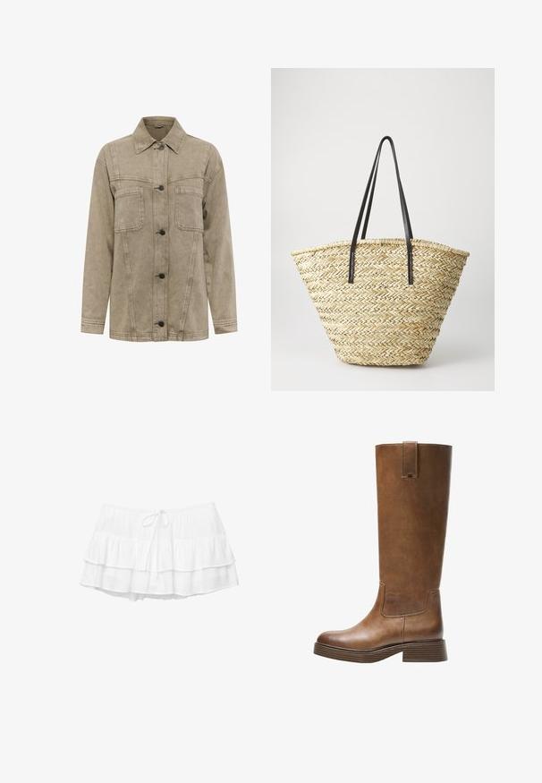 Helle braune Denimjacke mit Kragen, zwei Brusttaschen und einer Knopfleiste mit dunklen Knöpfen. Enthält sichtbare Nähte.; Weißer gestrickter Pullover mit V-Ausschnitt und langen Ärmeln. Verfügt über ein strukturiertes Rautenmuster und ein kleines Logo auf der linken Brust.; Weißen, geschichteten Rock mit drei Rüschenschichten, elastischem Bund und Kordelzugdetails. Hergestellt aus leichtem, strukturiertem Stoff.; Braunes Leder-Knöchelhochstiefel mit abgerundetem Zeh, strukturiertem Obermaterial und niedrigem, gestapeltem Absatz. Verfügt über ein seitliches Einsätzen und eine Ziehschlaufe an der Oberseite.; Geflochtene Strohtasche in breiter, sich verjüngender Form mit zwei schwarzen Ledergriffen. Natürliche beige Farbe mit strukturierter Oberfläche.