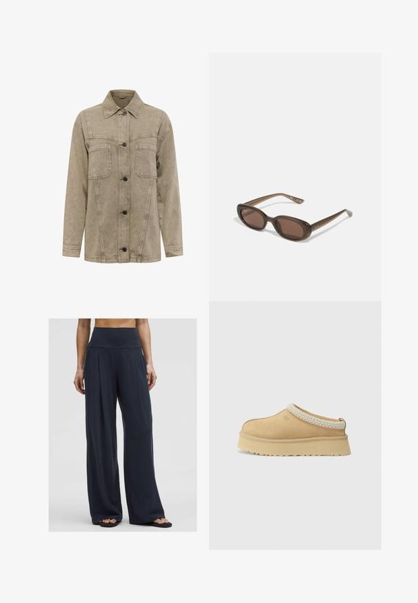 Light brown denim jacket featuring a collar, two chest pockets, and a button-front closure with dark buttons. Includes visible stitching details.; White knitted sweater with a v-neck and long sleeves. Features a textured diamond pattern and a small logo on the left chest.; White sleeveless top with adjustable straps, fitted design, smooth fabric texture, and a round neckline. No patterns or hardware details.; A woman stands wearing high-waisted, wide-leg dark pants paired with sandals, showcasing a comfortable, casual style.; Tan suede slip-on shoe with a padded collar and textured light blue accent. Features a thick, durable outsole with a patterned tread.; Brown oval sunglasses with dark lenses. Frame has a transparent brown material and features a logo printed on the temples.; Woven beige tote bag with a slouchy design and a single shoulder strap. Features a textured pattern throughout the surface.