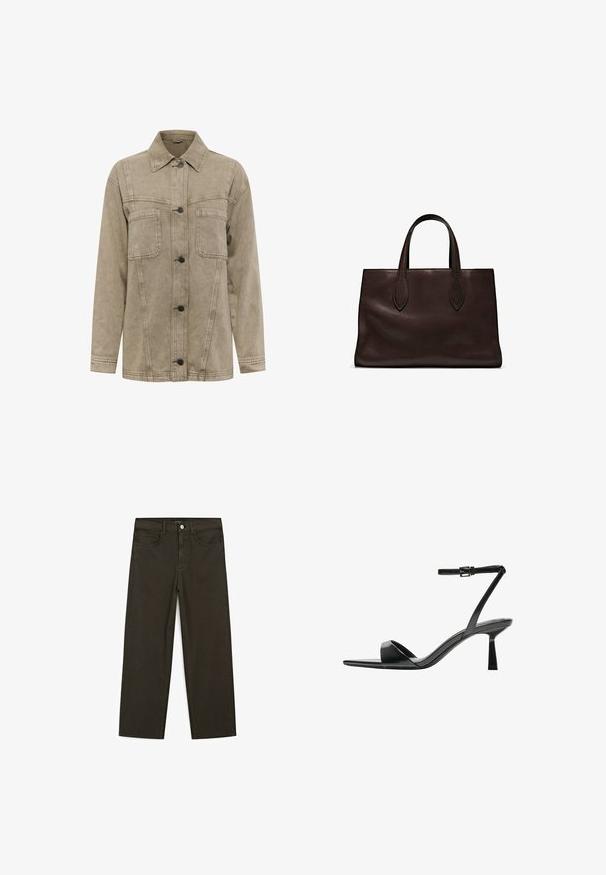 Lys brun denimjakke med krave, to brystlommer og knappelukning foran med mørke knapper. Inkluderer synlige syninger.; Kortærmet t-shirt med rund hals og tynde vandrette sort og beige striber, lavet af blødt strikket stof.; Mørkegrønne brede jeans lavet af en bomuldsblanding, med en frontlukning med knap, fem lommer og klassisk denim-syning.; Bershka Højhælede sandaletter / Højhælede sandaler - black; Brun læder tote bag med to forlængede håndtag, struktureret rektangulær form, glat overflade og subtile syninger.