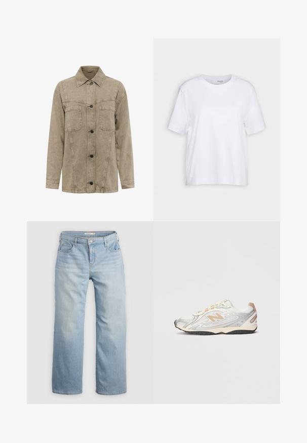 Lys brun denimjakke med krave, to brystlommer og knappelukning foran med mørke knapper. Inkluderer synlige syninger.; Hvid kortærmet t-shirt med rund hals, lavet af blødt og glat bomuldsstof, med en lige kant og minimal detaljering. Enkel og alsidig design.; Lyseblå vide jeans lavet af denim. Har høj talje, fem lommer og kontrastsyede detaljer. Glat tekstur med en slidseffekt.; Sportsko i let grå med sølv accenter, mesh-overdel, beige detaljer og sort gummisål. Har snørebånd og polstret krave.