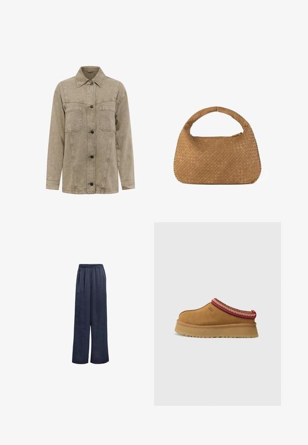 Lys brun denimjakke med krave, to brystlommer og knappelukning foran med mørke knapper. Inkluderer synlige syninger.; Hvid tanktop lavet af bomuld, med et enkelt design og en rund halsudskæring samt et sort "HUGO" logo i midten. Glat tekstur.; Marineblå brede bukser lavet af glat stof med elastisk talje og ingen synlige metaldele. Har en afslappet pasform og fuldlængde design.; Brune ruskinds slip-on sko med røde og cremefarvede mønstrede kanter, tekstureret sål og UGG-logo på siden. Har en let platformhøjde.; Vævet tan håndtaske med et rundt håndtag, fremstillet af blødt læder. Har en lynlåslukning og et intrikat kurvmønster.