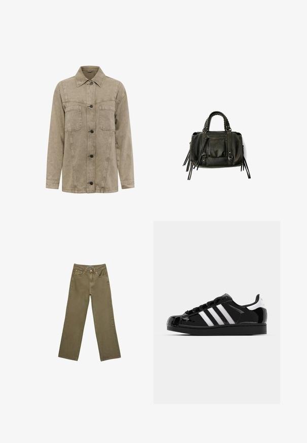 Lys brun denimjakke med krave, to brystlommer og knappelukning foran med mørke knapper. Inkluderer synlige syninger.; To korteærmede toppe: en sort og en hvid. Begge har et tætsiddende design med sammensnøring i siderne og rundede kant.; Oliven grøn brede jeans i bomuld med en robust tekstur. Har en lynlåsfluge, fem lommer og kontrasterende syninger ved taljen.; adidas Originals SUPERSTAR II - Sneakers - core black/footwear white/gold metallic; Sort læderhåndtaske med flettede håndtag, lynlåslomme og hængende frynser. Tekstureret overflade med metalnitter og hardware-accenter.