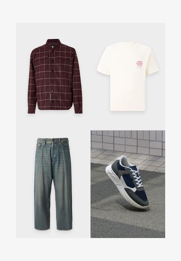 Camisa xadrez em tons de vinho com colarinho canelado, dois bolsos frontais e botões pretos. Apresenta costuras brancas em contraste ao longo de toda a peça.; T-shirt branca de mangas curtas com o texto vermelho "Edição Originais do Estúdio" no lado esquerdo do peito, apresentada sobre um fundo cinza neutro.; Jeans de ganga azul claro com um corte solto, cintura média e pernas retas. Apresenta cinco bolsos, passadores de cinto e fecho com botão.; Sapatilha com parte superior em malha azul-marinho, detalhes em camurça cinza, sola de borracha branca e atacadores brancos planos, projetada para conforto e respirabilidade.