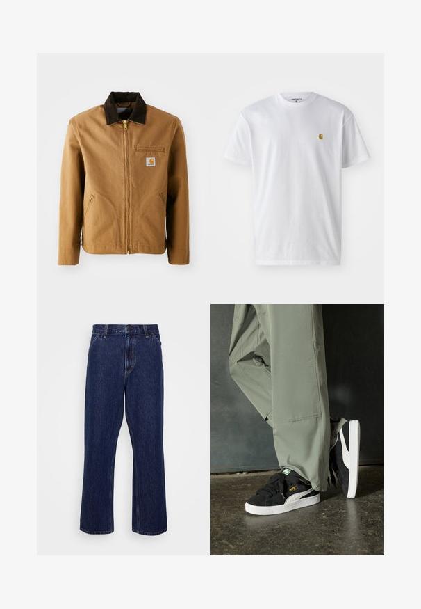 Brown canvas jacket with a dark brown corduroy collar, zip closure, chest pocket, and side pockets. Features a logo patch on the left.; White cotton t-shirt with short sleeves, crew neck, featuring a small gold logo on the left chest area. Soft texture and regular fit.; Dark blue denim jeans with a straight-leg design, featuring a button closure, five-pocket style, and subtle stitching details.; Black suede sneakers with white rubber soles and side stripes, paired with light green cargo pants, standing on a textured dark surface.