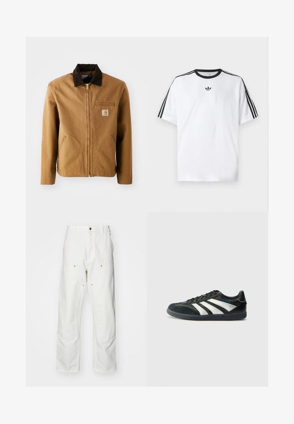 Brown canvas jacket with a dark brown corduroy collar, zip closure, chest pocket, and side pockets. Features a logo patch on the left.; White T-shirt made of cotton, featuring a black round neckline and three black stripes on each shoulder. Small black logo on the chest.; White cotton cargo pants with a relaxed fit. Features include front pockets, gold hardware accents, and reinforced knee sections.; adidas Performance PREDATOR FREESTYLE JUDE INDOOR FOOTBALL SHOES - Indoor football boots - core black/silver-coloured/glory blue