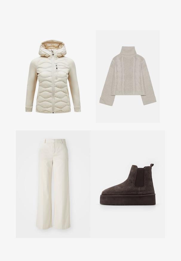 Šviesiai ruda striukė su gobtuvu, su siūtu priekiu, lygiomis rankovėmis, priekiniais užtrauktukais ir krūtine kišene. Minkšta medžiaga su subtiliu blizgesiu.; Sumažintas šviesiai pilkas megztinis su aukštu apykakle ir rūdytomis rankovėmis, su tekstūriniais kabelių raštais nugaroje ir šonuose.; Pločios kojos kelnės šviesiai bežinės spalvos, pagamintos iš lygaus audinio. Yra klasikinis juosmens dizainas ir lygūs priekiniai įsiuvai su švariomis linijomis.; Rudos gamtos nubuko Chelsea batai su elastingomis šoninėmis detalėmis ir storu, tekstūruotu platformos padu. Šiame modelyje yra kilpos elementas kulne, kuris palengvina apsiaustą.