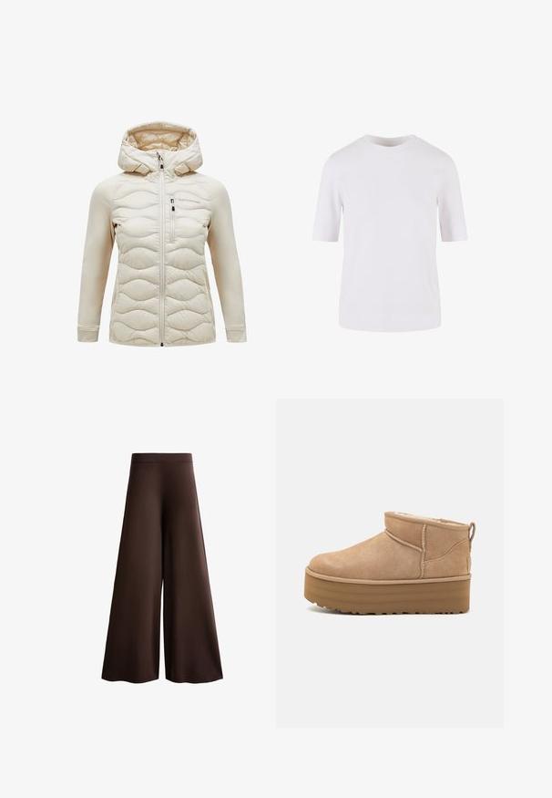 Beige hættejakke med quiltet front, glatte ærmer, frontlynlås og en brystlomme. Blødt stof med en subtil glans.; Hvid T-shirt med korte ærmer lavet af glat bomuld. Har en rund halsudskæring og lige snit, uden mønstre eller udsmykninger.; Brune vide benbukser lavet af blødt stof, med høj talje, subtil tekstur og en flydende silhuet uden synlige lukninger eller prydelseselementer.; Beige ruskinds ankelstøvler med et blødt indre, der har en platformssål og en strop bagpå for nem påtagning. Tekstureret gummisål.