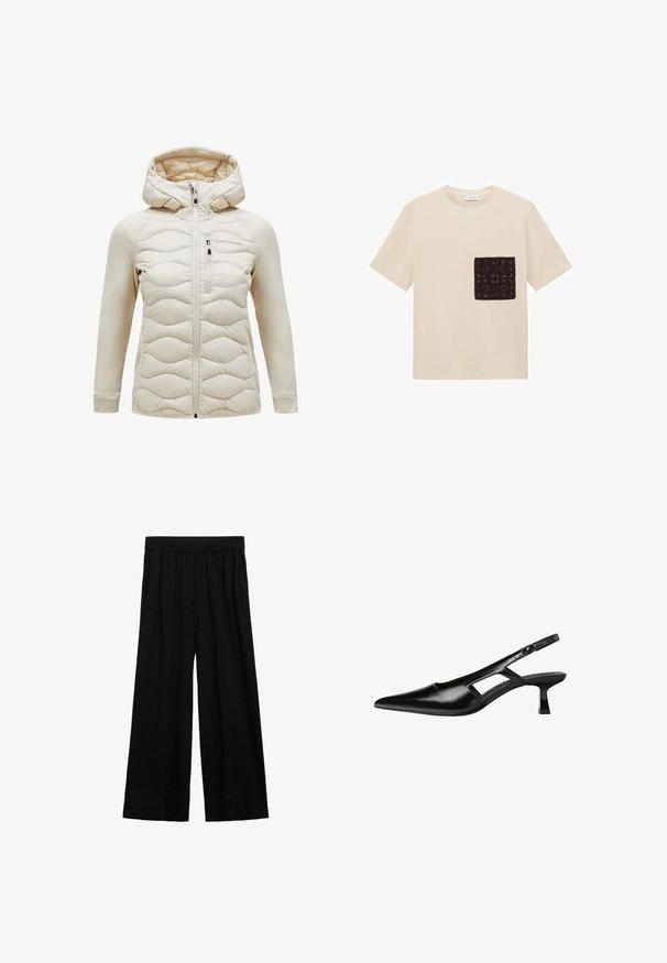 Beige Kapuzenjacke mit einem gesteppten Frontbereich, glatten Ärmeln, Frontreißverschluss und einer Brusttasche. Weicher Stoff mit einem dezenten Glanz.; Beiger Baumwoll-T-Shirt mit einer dunkelbraunen gehäkelten Taschenklappe mit einem strukturierten Muster auf der linken Brustseite. Kurze Ärmel.; Schwarzweite, lockere Hose aus einem weichen Stoff. Verfügt über einen elastischen Bund und Seitentaschen, mit einem einfachen, klaren Design.; Schwarze Lackleder-Slingback-High Heels mit spitzer Zehenform, ausgeschnittenem Seitendesign und kleinem Blockabsatz. Glatte Textur mit minimalen Akzenten.