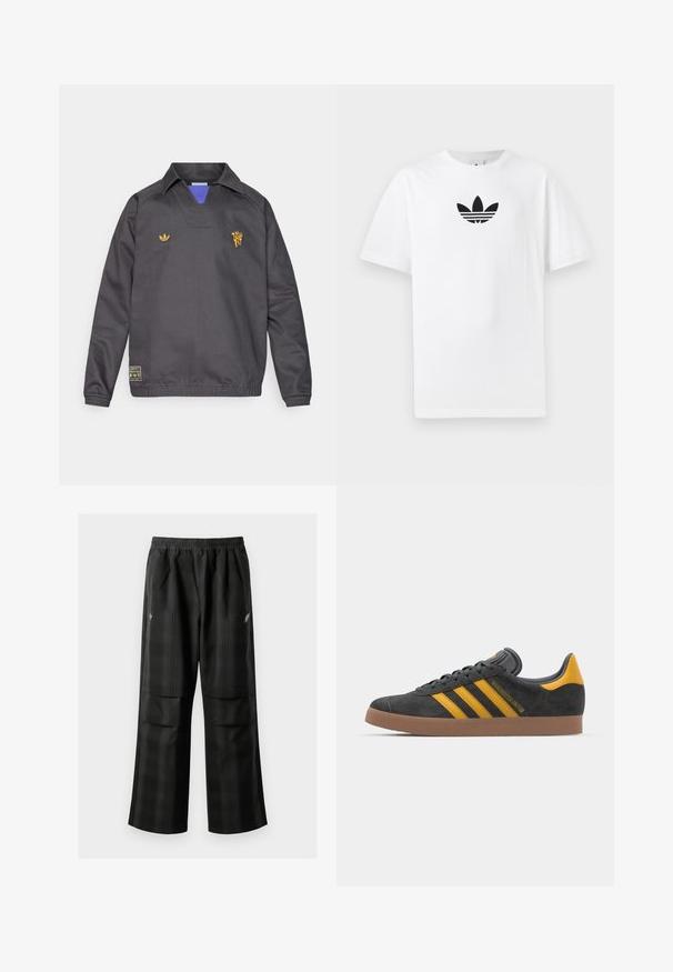 Melna sportiska džemperjaka ar apkakli, ar zilu iekšējo oderi, izšūtiem dzelteniem logotipiem un elastīgām aprocēm un apakšu.; Balta kokvilnas T-kreklu ar melnu Adidas logo centrā. Īsas piedurknes un apaļas kakla izgriezums. Gluda tekstūra.; Melnas kvadrātveida bikses ar elastīgu jostu, divām priekšējām kabatām un brīvu piegriezumu ar taisnām kājām. Izgatavotas no viegla materiāla.; Melnas zamšādas kedas ar dzelteniem akcentiem, kurām ir trīs svītras un brūna gumijas zole. Iekļauta mīksta valkāšanas tongue komfortam.