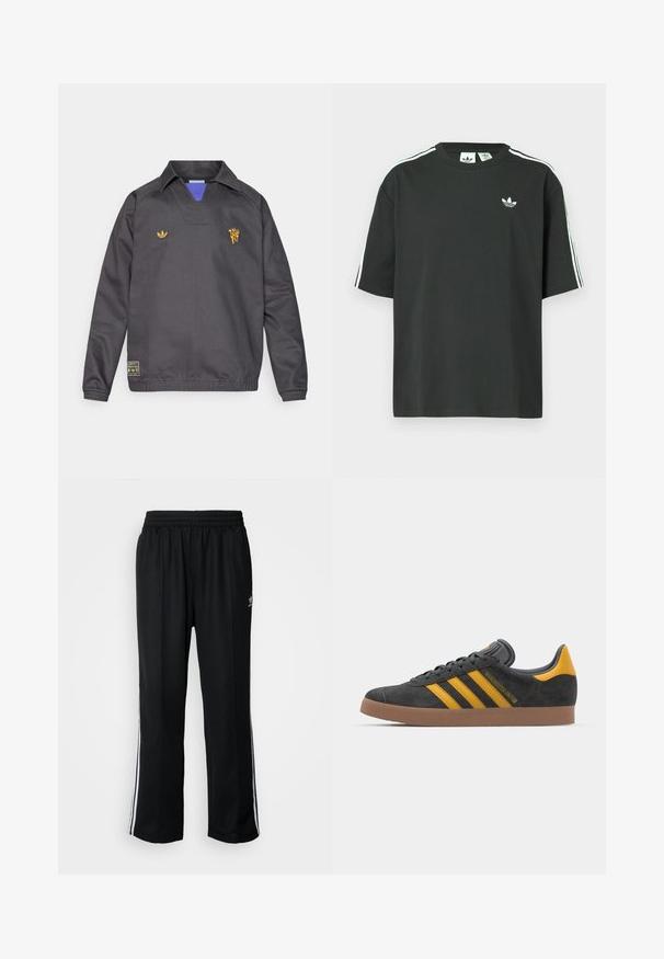 Fekete sportos pulóver dzseki gallérral, kék belső béléssel, sárga hímzett logókkal, valamint elasztikus mandzsettákkal és derékrésszel.; Fekete pamutpóló rövid ujjakkal, kerek nyakkivágással és fehér háromcsíkos mintázattal a vállakon. A mellrészen kis fehér logó található.; Fekete sportnadrág rugalmas derékrésszel, fehér oldalsávokkal és egy kis logóval. Az anyaga lágy és könnyűnek tűnik.; Fekete velúrbőr sportcipő sárga díszítéssel, három csíkkal és barna gumitalppal. Párnázott nyelvével a kényelem érdekében.