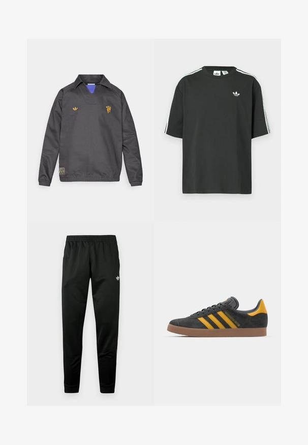 Melna sportiska džemperjaka ar apkakli, ar zilu iekšējo oderi, izšūtiem dzelteniem logotipiem un elastīgām aprocēm un apakšu.; Melna kokvilnas T-krekls ar īsām piedurknēm, apaļu kakla izgriezumu un baltām trim svītrām uz pleciem. Uz krūtīm neliels balts logo.; Melnas sporta bikses ar elastīgu vidukli, šaurinātām kājām un baltām logotipa detaļām priekšpusē. Gluda, viegla auduma.; Melnas zamšādas kedas ar dzelteniem akcentiem, kurām ir trīs svītras un brūna gumijas zole. Iekļauta mīksta valkāšanas tongue komfortam.