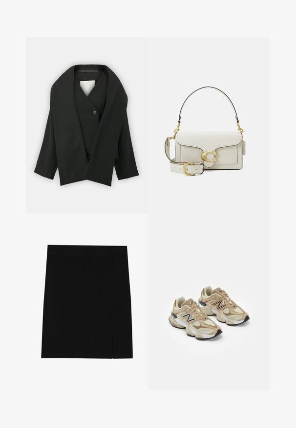Zwarte wikkeljas van textuurstof, met een V-hals, enkele knoopsluiting en brede mouwen. Minimalistisch ontwerp, geen zichtbare patronen.; Grijze sweatshirt met een halve rits kraag, geribde manchetten en een klein geborduurd logo op de borst. Zachte katoenen stofmix.; Zwarte mini rok gemaakt van zachte stof met een aansluitend ontwerp, met een lichte inkeping aan de zijkant voor extra detail.; Beige sneakers van mesh en nubuck materialen. Bevat een zwart logo en gegrandeerde accenten. Dikke witte tussenzool en zwarte rubberen buitenzool.; Witte leren handtas met gouden beslag, voorzien van een flapsluiting en een afneembare, verstelbare band. Ronde metalen accenten in het midden.