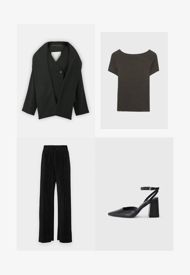 Čierna obálková bunda vyrobená z textúrovanej látky, s výstrihom do V, jedným gombíkom na zapínanie a širokými rukávmi. Minimalistický dizajn, bez viditeľných vzorov.; Tmavošedý top s krátkym rukávom a lodičkovým výstrihom. Vyrobený z rebrovanej látky, s voľným strihom a čistým lemovaním. Jednoduchý dizajn, bez vzorov.; Čierne plisované nohavice s elastickým pásom. Majú široké nohavice a hladkú, textúrovanú látku s vertikálnymi pruhmi.; Čierne kožené lodičky s špicatou špičkou a členkovým remienkom, s masívnym podpätkom. Hladký povrch, elegantný dizajn a minimalistická estetika.