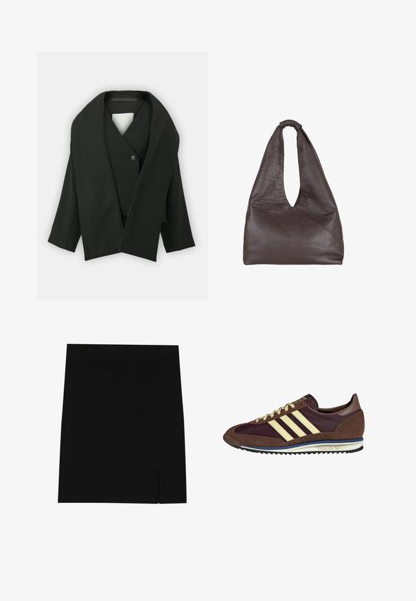 Juodas įvyniojamas švarkas, pagamintas iš tekstūruotos medžiagos, su V formos iškirpte, vienu mygtuko uždarymu ir plačiomis rankovėmis. Minimalistinis dizainas, be matomų raštų.; Balta trumpa rankovė t-shirt pagaminta iš medvilnės, su apvalia iškirpte ir laisvu siluetu. Lygus paviršius, be matomų raštų ar dekoracijų.; Juoda mini sijonas, pagamintas iš švelnios medžiagos, su prigludusia forma, su lengva plyšyje šone tam, kad suteiktų papildomą akcentą.; Rudi ir burgundiški sportbačiai, pagaminti iš suedės ir tinklinės medžiagos, su trimis grietinėlės spalvos juostelėmis, tekstūruota medžiaga ant liežuvėlio ir guminis padas.; Rudas odinė rankinė su krentančiu, dideliu dizainu. Pasirinkta kilpos rankena ir gili V-formos ertmė patogiam prieigai. Minkštas audinys, minimalistinis stilius.