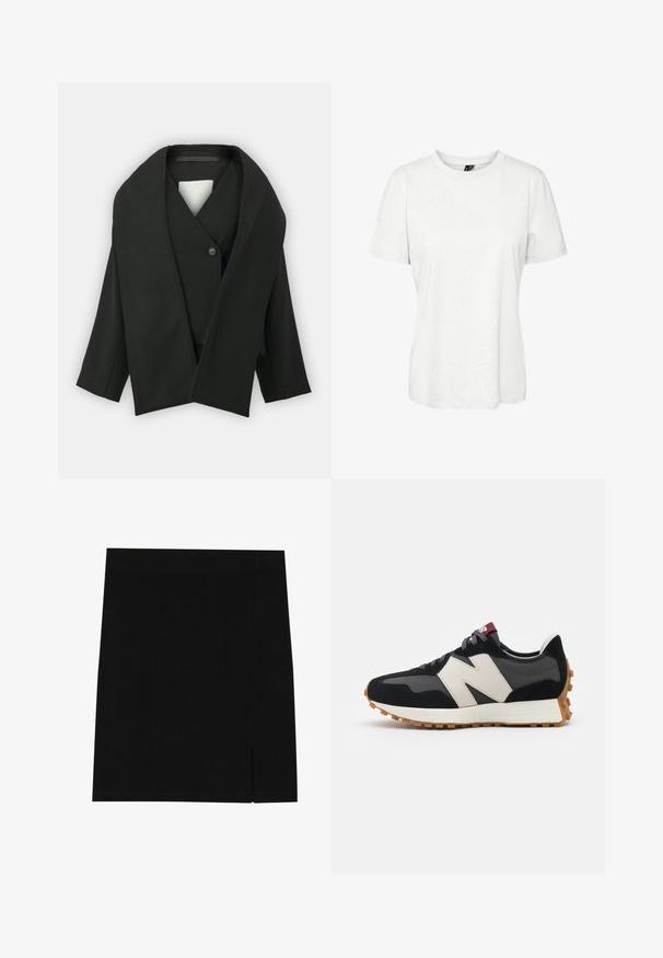 Fekete, textúrált anyagból készült átkötős dzseki, V-kivágással, egylakattal és széles ujjakkal. Minimalista dizájn, látható minták nélkül.; Fehér, rövid ujjú pamut póló, kerek nyakkivágással és laza szabással. Simább textúra, és nincsenek látható minták vagy díszítések.; Fekete mini szoknya puha anyagból, testhez álló szabással, az oldalon enyhe hasítékkal a különleges részletek érdekében.; Fekete és szürke velúr sportcipő nagy krémszínű "N" logóval, lila fűzőkkel és texturált gumi talppal.
