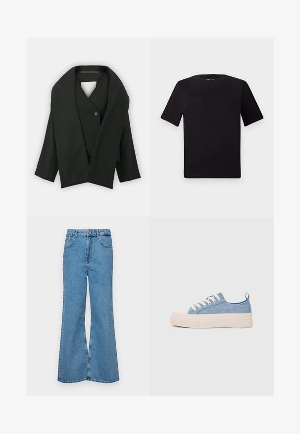 Čierna obálková bunda vyrobená z textúrovanej látky, s výstrihom do V, jedným gombíkom na zapínanie a širokými rukávmi. Minimalistický dizajn, bez viditeľných vzorov.; Čierne tričko s krátkym rukávom a okrúhlym výstrihom, vyrobené z mäkkej bavlny. Jednoduchý dizajn, bez viditeľných log alebo vzorov.; Svetlomodré rozšírené džínsy vyrobené z denimu, s vysokým pásom, piatimi vreckami a jednopoložkovým zapínaním na gombík. Mäkká textúra s vyblednutým povrchom.; Svetlomodré plátené tenisky s krémovou gumovou špičkou a podrážkou, obsahujúce biele šnúrky a pútko na päte.
