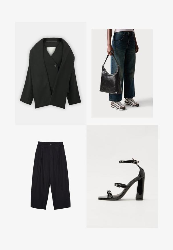 Schwarze Wickeljacke aus strukturiertem Stoff, mit V-Ausschnitt, einem Knopfverschluss und weiten Ärmeln. Minimalistisches Design, keine sichtbaren Muster.; Schwarzes kurzärmeliges T-Shirt aus weichem Stoff. Mit klassischem Rundhalsausschnitt und lockerer Passform. Keine Muster oder Akzente sichtbar.; Schwarze Polyester-Culotte mit einem elastischen Bund, zwei vorderen Falten und einer lockeren Silhouette. Keine sichtbaren Muster oder Hardware-Details.; Schwarze patentierte Sandalen mit Absatz, quadratischer Spitze, Knöchelriemen und silbernen Schnallen. Mit einem stabilen Blockabsatz für mehr Stabilität.; Schwarze Leder-Schultertasche mit glatter Textur und verstellbarem Riemen, kombiniert mit ausgewaschenen weit geschnittenen Jeans und sportlichen Sneakern.