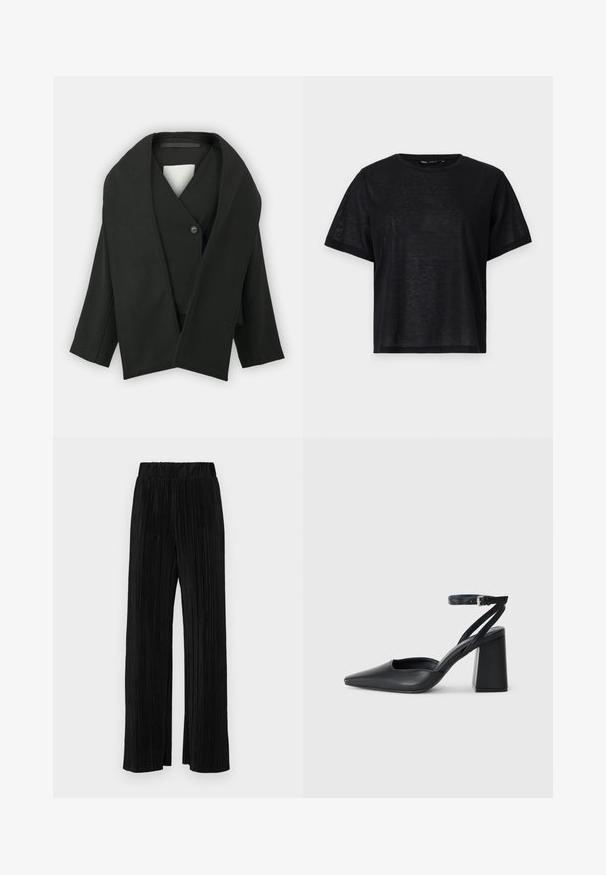 Must mustriga jope, mis on valmistatud tekstuuriga kangast, V-kaeluse, ühe nupuga kinnituse ja laiade varrukatega. Minimalistlik disain, nähtavaid mustreid pole.; Must musta lühikese varrukaga T-särk, millel on vabalt langev lõige, sile tekstuur ja ümmargune kaelus. Kerge kangas, millel on kerge sära.; Mustad pleekitud püksid elastse vöökohtaga. Omavad laiad jalad ja sujuvat, tekstureeritud kangast vertikaalsete triipudega.; Mustmustest must-käigukingad, millel on konksuga nöör ja paks konts. Ühtlane tekstuur, stiilne disain ja minimalistlik esteetika.