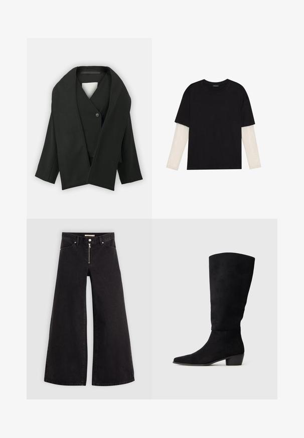 Svart innpakningsjakke laget av teksturert stoff, med V-hals, enkel kneppning og brede ermer. Minimalistisk design, ingen synlige mønstre.; Svart T-skjorte laget av bomull, med korte ermer over et hvitt langermet lag med en subtil teksturert mønster. Rund hals design.; Vide benbukser i sort denim med glidelås i front, fem-lomme design og subtile sømdetaljer. Glatt tekstur og avslappet stil.; Svart semsket knelang støvel med lav blokkheel og spiss tå, vist i sidevisning på en enkel lys grå bakgrunn.
