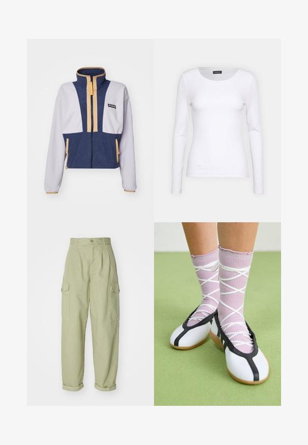 Kratka flis jakna v beli, mornarsko modri in rumeni barvi. Ima visok ovratnik, sprednji zadrgo in dvobarvno panelno zasnovo s stranskimi žepi.; Bela rebrasta majica z dolgimi rokavi in okruglim izrezom. Narejena iz elastičnega materiala, ki se prilega telesu. Značilen je diskreten horizontalni potisk.; Svetlozeleni cargo hlače iz bombažnega blaga. Imajo visok pas, zavihane manšete in dva stranska cargo žepa za dodatno uporabnost.; Bele čevlji z ravnim podplatom in črnim robom ter podplatom, v kombinaciji s svetlo vijoličastimi rebrastimi nogavicami, ki imajo bele križaste trakove. Postavljeni na zeleni podlagi.