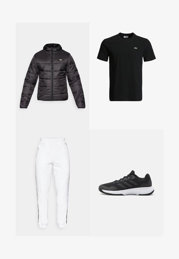 Svart boblejakke har hette, glidelås og horisontal quilted design. Materialet er blankt med en liten grønn logo på brystet.; Svart bomulls T-skjorte med rund hals, korte ermer, og en liten grønn krokodille-logo på venstre bryst. Glatt tekstur, uformelt design.; Hvite joggebukser med elastisk midje, med svarte sidestriper og mansjetter. Laget av myk stoff med en glatt tekstur.; Svart idrettssko med teksturert overdel, tre horisontale striper, og en hvit såle med mønstret gummibunn. Lettvekts og strømlinjeformet design.