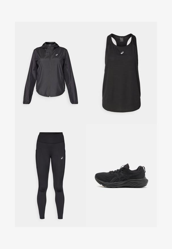 Chaqueta ligera negra con cremallera completa, capucha y puños elásticos. Hecha de una tela suave y brillante. Presenta un logo en el pecho.; Top deportivo negro fabricado con una tela ligera. Presenta un escote redondo, diseño de espalda nadadora y un pequeño logotipo blanco en la parte delantera.; Leggings negros con una cintura alta, hechos de un material suave y elástico. Presentan un logo sutil en el muslo y bolsillos laterales.; Zapatillas deportivas negras con parte superior de malla transpirable, suela estructurada, punta redonda y superficie texturizada. Presenta cordones negros y detalles del logo.