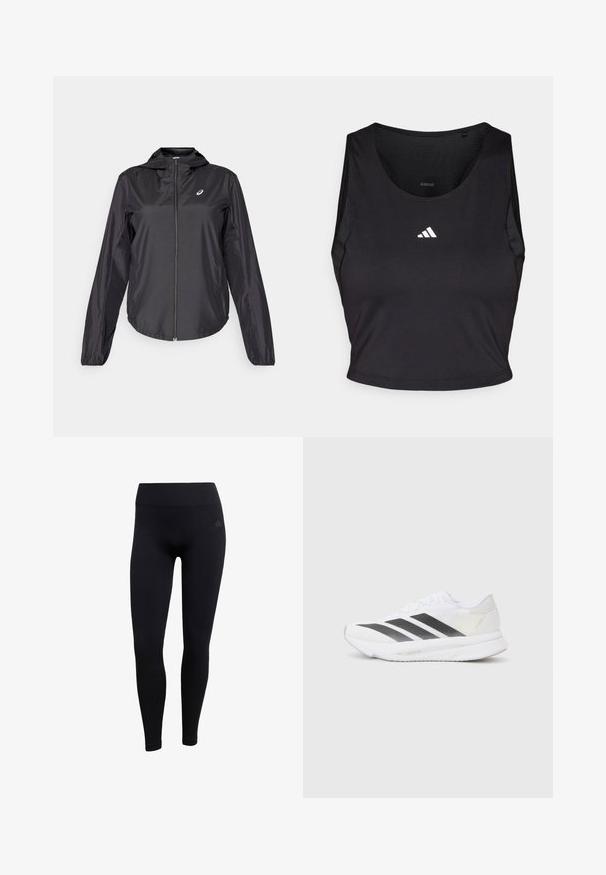 Crna lagana jakna s punim zatvaračem, kapuljačom i elastičnim manžetama. Izrađena od glatkog, sjajnog materijala. Sadrži logo na prsima.; Crni sportski crop top napravljen od tkanine koja odvodi vlagu, s okruglim izrezom, bez rukava i bijelim logotipom na prsima.; Crne sportske tajice od rastezljivog materijala, s visokim strukom, prilagođenim krojem i rebrastim manžetama na gležnjevima. Suptilan logotip brenda.; Bijela atletska cipela s crnim dijagonalnim trakama, mrežastim gornjim dijelom, zaobljenim prstom i teksturiranim potplatom. Akcenti uključuju srebrnu petu i minimalistički dizajn.