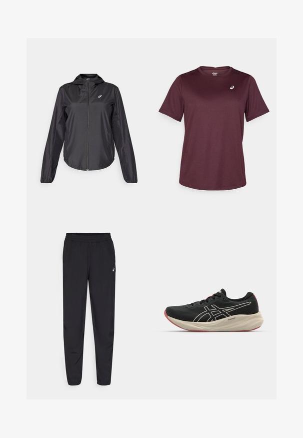 Schwarze, leichte Jacke mit durchgehendem Reißverschluss, Kapuze und elastischen Bündchen. Hergestellt aus glattem, glänzendem Stoff. Verfügt über ein Logo auf der Brust.; Bordeauxfarbenes Sport-T-Shirt aus atmungsaktivem Material, mit kurzen Ärmeln und rundem Halsausschnitt, sowie einem kleinen Logodetail auf der Brust.; Schwarze Sporthosen mit einem elastischen Bund, schmal zulaufenden Beinen mit Bündchen, aus leichtem, glattem Material und einem kleinen Logo am Oberschenkel.; Schwarzer Sportschuh mit einem Obermaterial aus Mesh und weißen Akzenten. Verfügt über eine gepolsterte Mittelsohle und ein rotes Außensohlen-Detail. Leichtes Design.