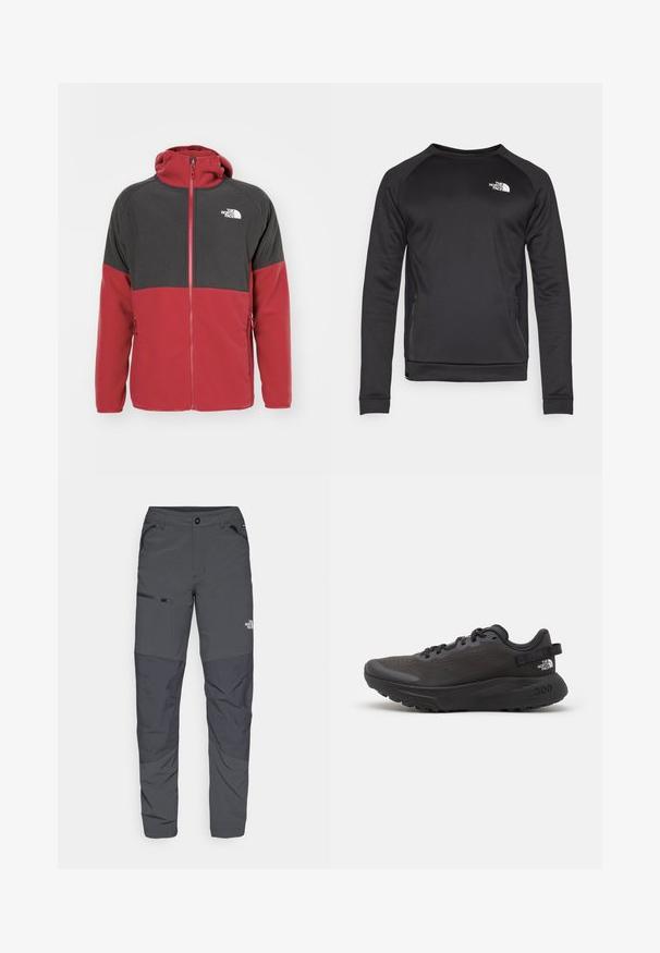 The North Face GLACIER HEAVYWEIGHT FULL ZIP - Fliisjakk - garnet red/asphalt grey; Must mustläpiga sviiter, millel on ümmargune kaelus ja mis on valmistatud siledast kangast. Külgedel on võrkpaneelid hingavuse tagamiseks. Rindkere peal on valge logo.; Hallid hallid välispüksid siledat tekstuuri, külgedel lukuga taskud, tugevdatud põlvekohad ja diskreetne logo detail.; Mustad spordijalats musta värvi, millel on võrkkangast pealmine osa, pehmendatud krae ja kummist tald. Omab tekstuuri kujundust ja brändingu märgistust kannal. Kerge konstruktsioon.