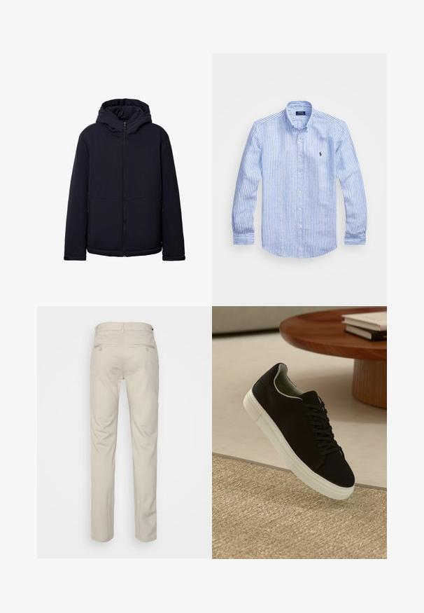 Marineblaues Kapuzenjacke mit durchgehendem Reißverschluss, glatter Textur, seitlichen Taschen und leicht tailliertem Saum.; Blau-weißer gestreifter Langarmshirt aus Baumwolle mit einem Button-Down-Kragen, Frontknöpfen und einem kleinen gestickten Logo auf der Brust.; Beige Hosen mit glatter Textur, geradem Schnitt, zwei Gesäßtaschen mit Knöpfen und einem normalen Bund.; Schwarze Sneakers mit weißer Sohle, die über einem beige strukturierten Teppich schweben, in der Nähe eines runden Holztisches mit gestapelten Büchern.