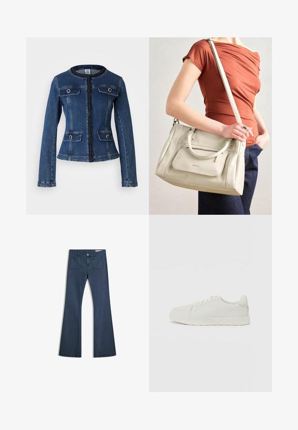 Blauwe denim jacket met een getailleerde snit, ronde kraag, voorrits, twee borstzakken en decoratieve knopen. Gestructureerde stof met gestikte accenten.; Witte T-shirt van zacht, lichtgewicht stof. Heeft een ronde halslijn en korte, brede mouwen met een ontspannen pasvorm. Geen zichtbare patronen.; Donkerblauwe flare jeans van denim met gestikte zakken, een knoopsluiting en een soepele textuur. Beschikt over een klassieke vijfzakkenontwerp.; Witte sneakers met een gladde textuur, ronde neus en subtiele stiksels. Platte veters en een logo-accent op de hiel. Minimalistisch design.; Witte leren handtas met dubbele handgrepen en een afneembare schouderband, met een voorzak met rits en een gladde textuur. Draagend aan de arm van een persoon.
