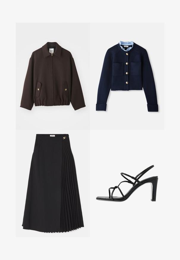 Ciemnobrązowa kurtka z zapięciem na zamek, szerokim kołnierzem, dwoma naszytymi kieszeniami z złotymi guzikami i elastycznym dołem. Wykonana z gładkiego materiału.; Granatowy krótki kardigan z dwiema przednimi kieszeniami, złotymi guzikami i jasnoniebieską falbanką. Wykonany z materiału o prążkowanej fakturze.; Szary, dzianinowy kardigan na krótki rękaw z wzorem w warkocze, z denimu kołnierzem i pięcioma złotymi guzikami z przodu.; Czarna spódnica midi z fałdami po jednej stronie, wykonana z lekkiego materiału, z ukrytym zamkiem błyskawicznym i bocznymi kieszeniami.; Czarne sandały na obcasie z cienkimi paskami, teksturowanym wykończeniem, otwartym palcem oraz eleganckim, spiczastym kształtem obcasa. Posiadają gładką wkładkę oraz błyszczącą powierzchnię.