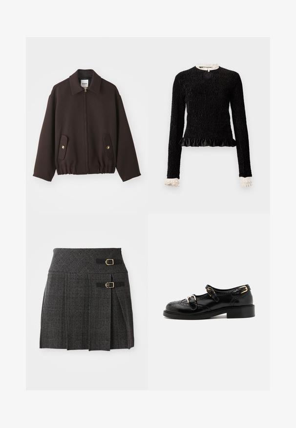 Giacca marrone scuro con zip frontale, colletto aperto, due tasche a patta con bottoni dorati e bordo elastico. Realizzata in un tessuto liscio.; Maglietta nera a maniche lunghe con tessuto testurizzato, orlo arricciato e accenti di ruffles bianchi al colletto e ai polsini. Presenta una chiusura centrale con anello.; Gonna a quadri grigio con vita aderente, caratterizzata da dettagli con doppia fibbia e pieghe. Realizzata in un tessuto testurizzato con un design intrecciato.; Scarpe in pelle nera con dettagli brogue, dotate di due cinturini con fibbia, punta arrotondata e tacco basso. Texture liscia con finitura lucida.