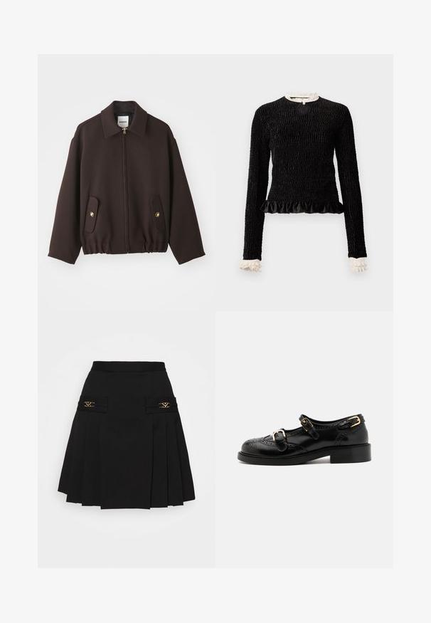 Tumepruun jakk, millel on lukk ees, laienev krae, kaks klapikotiga taskut kuldsete nööpidega ja elastne äär. Valmistatud siledast kangast.; Must mustriga mustega, tekstuuriga kanga, volangäärtega ja valgete volangakinnitustega kaeluses ja varrukates. Omab keskel aasakinnitust.; Must mustriga seelik kuldsete detailidega. Omab küljetaskuid logodetailidega, valmistatud siledast materjalist. A-laineline siluett.; Mustal nahast kingad brogue-tekstiiliga, millel on kaks pandla rihma, ümar varvas ja madal konts. Sujuv tekstuur ja läikiv viimistlus.