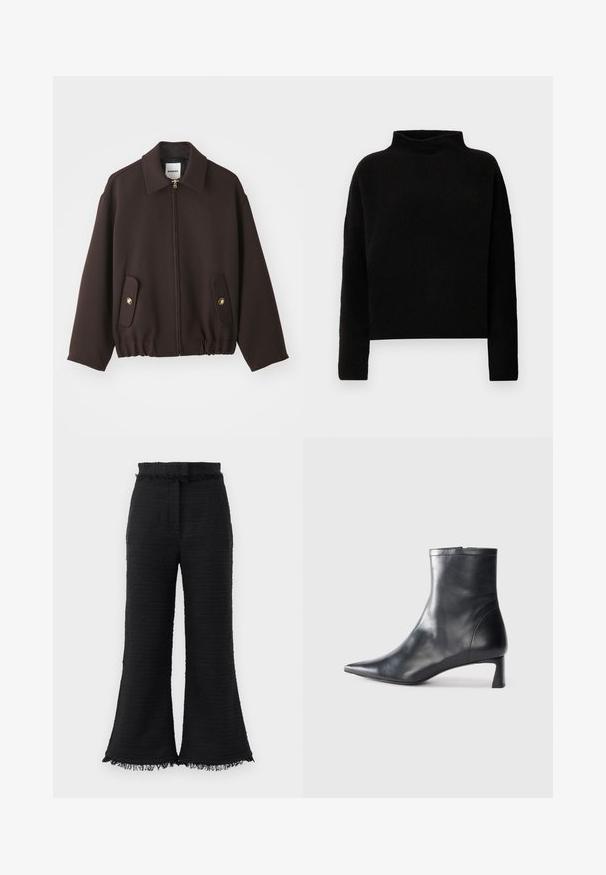 Dunkelbraune Jacke mit Reißverschluss vorne, umgelegtem Kragen, zwei aufgesetzten Taschen mit goldenen Knöpfen und elastischem Saum. Hergestellt aus einem glatten Stoff.; Schwarzer Rollkragenpullover aus weicher Stoffqualität, mit langen Ärmeln und lockerer Passform, minimalen Nähten und ohne sichtbare Verzierungen.; Schwarze weite Hosen aus strukturiertem Stoff, mit ausgefranstem Saum und elastischem Bund. Das Design zeichnet sich durch eine glatte Oberfläche und einen lässigen Schnitt aus.; Schwarze Lederstiefelette mit spitzer Zehe und schlankem Design. Verfügt über einen niedrigen Absatz und einen Reißverschluss hinten. Glatte Textur.