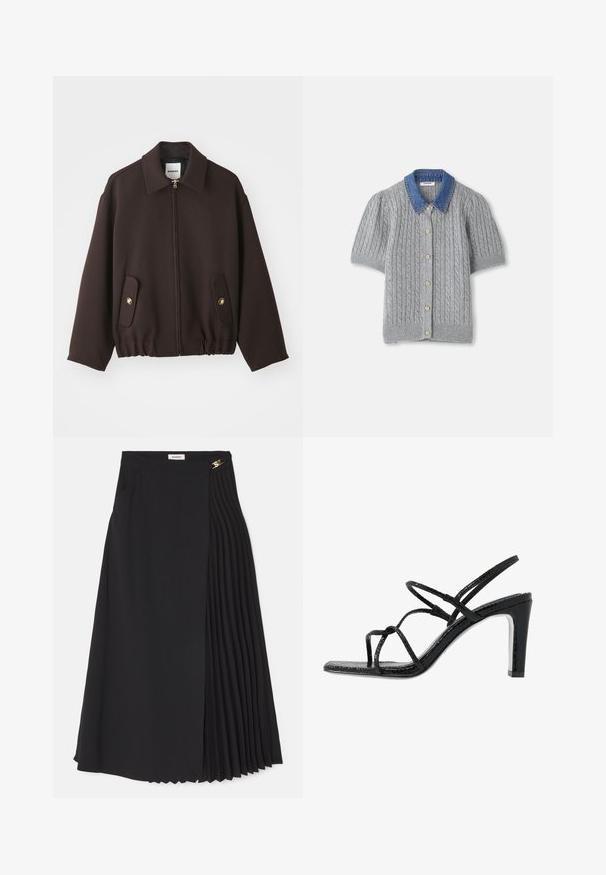 Tummanruskea takki, jossa on vetoketjuli closure, levitetty kaulus, kaksi läpällistä taskua kultaisilla napeilla ja joustava helma. Valmistettu sileästä kankaasta.; Harmaa neulottu lyhythihainen kardigan, jossa on kaapelikuvio, denimikaulus ja viisi kultanappia edessä.; Mustapleidi hame, jossa on laskostettu muotoilu yhdellä puolella, valmistettu kevyestä kankaasta, ja siinä on piilotettu vetoketju sekä sivutaskut.; Mustat korkokengät avonaisilla varpailla, ohuilla remmeillä, teksturoidulla pinnalla ja tyylikkäällä, teräväkärkisellä korolla. Sisältää sileän sisäpohjan ja kiiltävän pinnan.