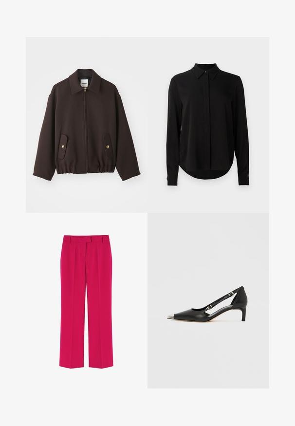 Tmavě hnědá bunda se zipem vpředu, rozšířeným límcem, dvěma náplety s zlatými knoflíky a elastickým lemem. Vyrobena z hladkého materiálu.; Černá halenka s dlouhým rukávem a špičatým límcem, skrytým zapínáním na knoflíky a zakřiveným lemem na jednobarevném bílém pozadí.; Fuchsiové kalhoty širokého střihu vyrobené z hladké tkaniny, se splývavým předním dílem, poutky na opasek a drobnými záhyby podél nohavic.; Černá kožená botička s nízkým podpatkem, špičatou stříbrnou špičkou a dvěma pásky s přezkami na bílém pozadí.